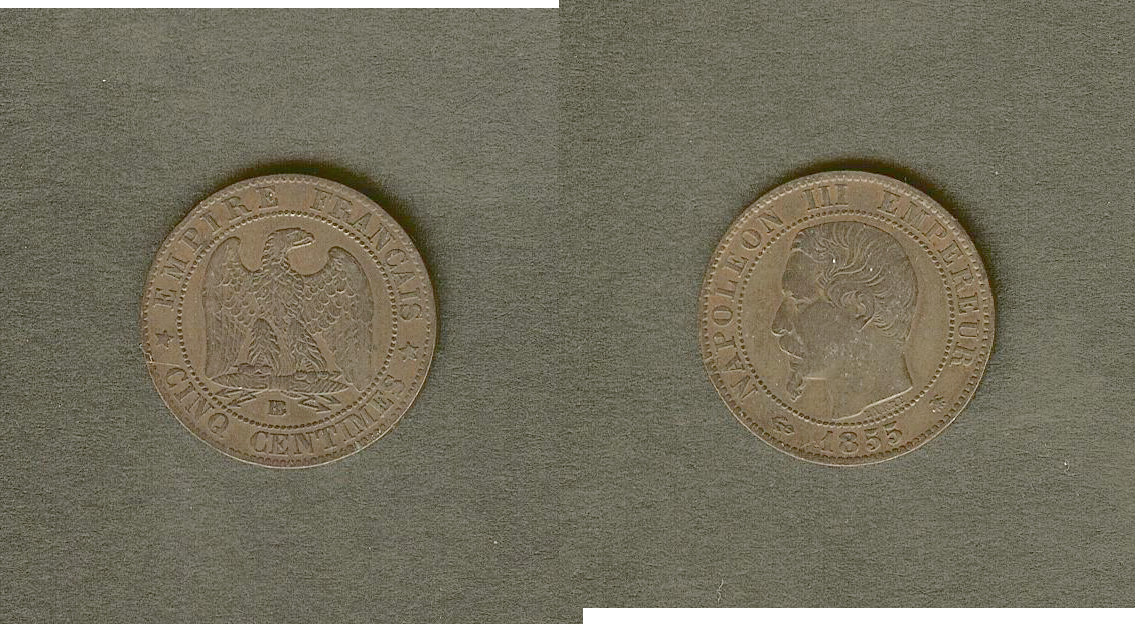 Cinq centimes Napoléon III, tête nue 1855 Strasbourg TTB